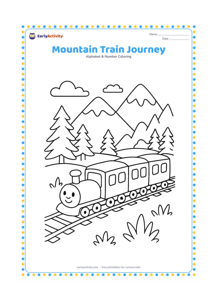 Colouring page: Draw a small passenger train travelling on tracks through a mountain valley, with three rounded train cars, pine trees and distant peaks. Show a few simple windows without any marks…