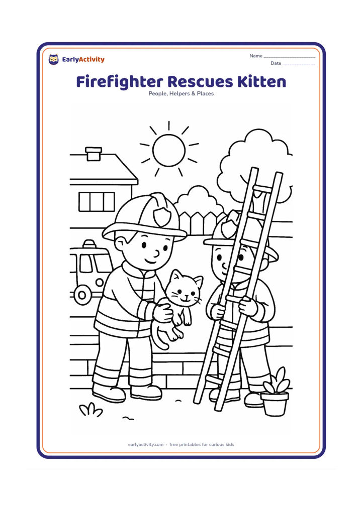 Colouring page: A firefighter carefully lifts a kitten from a low garden wall while another firefighter holds a ladder steady. Include a small fire engine, garden pots, a fence and a sunny neighbourhood…