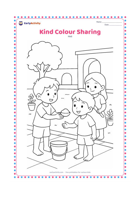 Colouring page: One child asks before gently offering a small bowl of gulal to a friend, while a third child holds a pichkari pointed safely at the ground. Include a courtyard, water bucket, and flower…