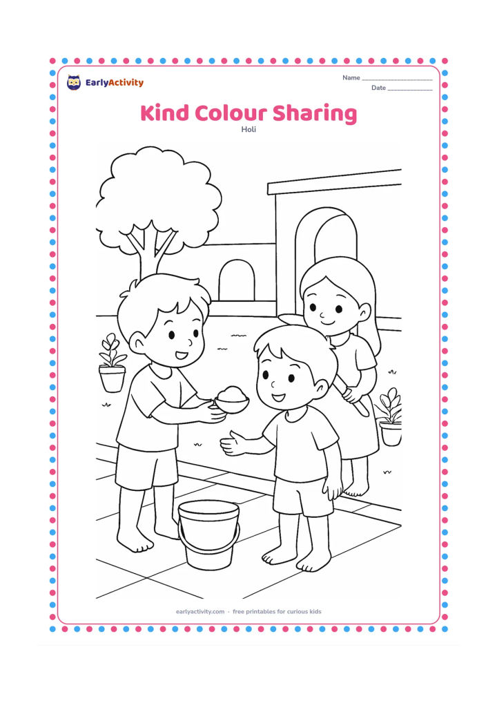 Colouring page: One child asks before gently offering a small bowl of gulal to a friend, while a third child holds a pichkari pointed safely at the ground. Include a courtyard, water bucket, and flower…