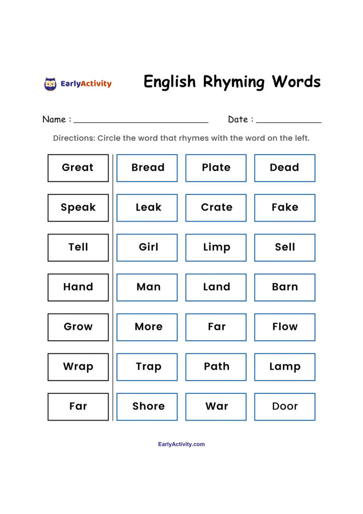 Worksheet with seven rows of word choices. Children circle the word that rhymes with each prompt, such as great, speak, tell, and grow.