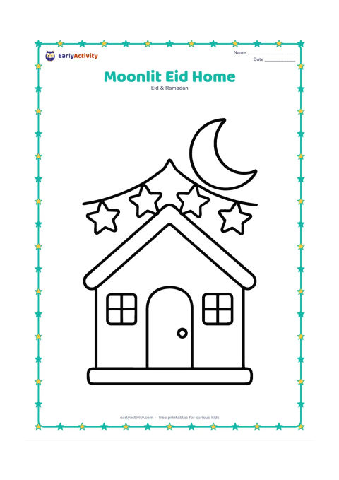Colouring page: A small family home with a doorway, two windows, and a crescent moon above it. Add a simple string of large star-shaped decorations along the roof.