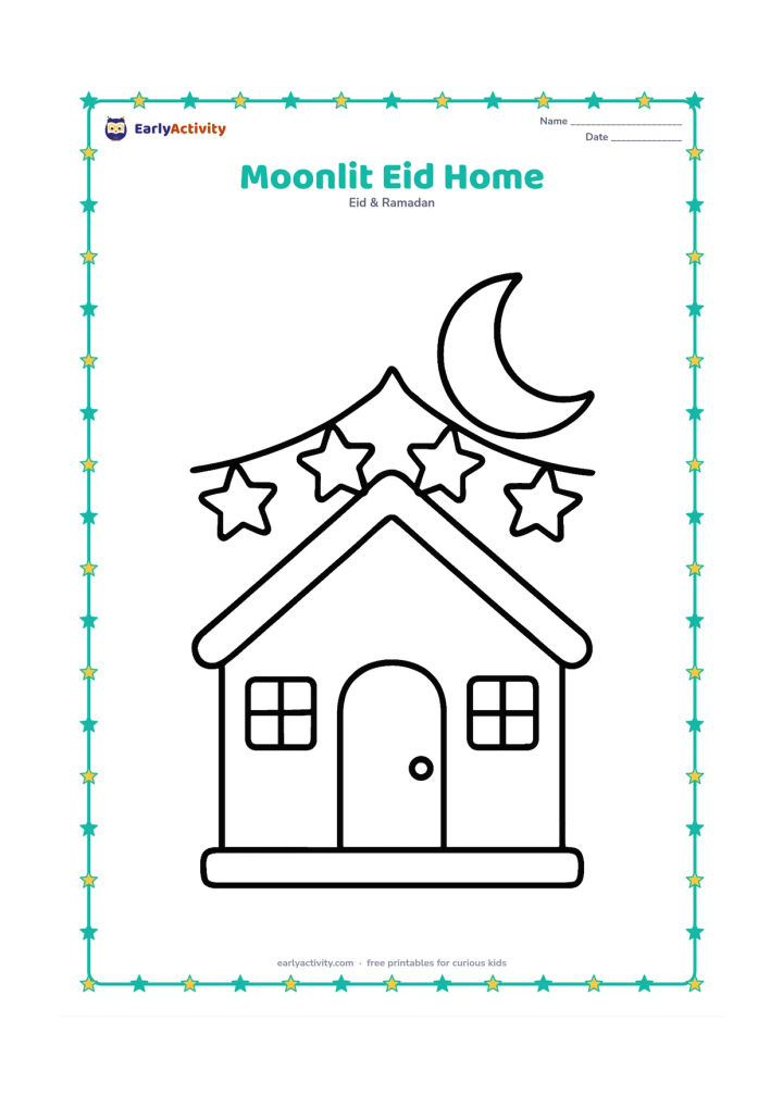 Colouring page: A small family home with a doorway, two windows, and a crescent moon above it. Add a simple string of large star-shaped decorations along the roof.