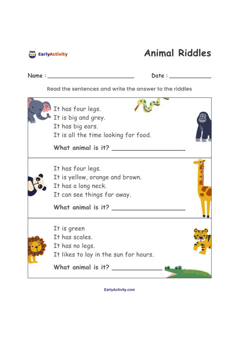 Worksheet with three animal riddles and pictures of an elephant, giraffe, crocodile, monkey, snake, gorilla, and tiger.