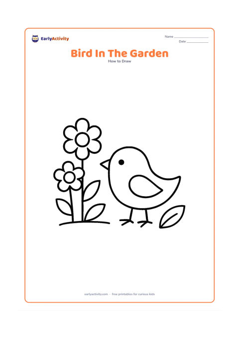 Worksheet: A plump bird stands beside two large flowers and three simple leaves, facing left with a triangle beak and short legs. Keep the garden scene low on the page and leave clear space above…
