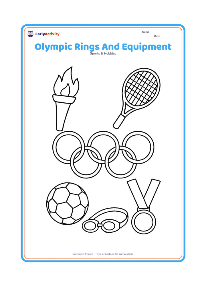 Colouring page: Arrange five linked Olympic rings in the centre with a torch, ball, racket, swimming goggles and medal grouped around them. Use a neat balanced composition with plenty of open space…