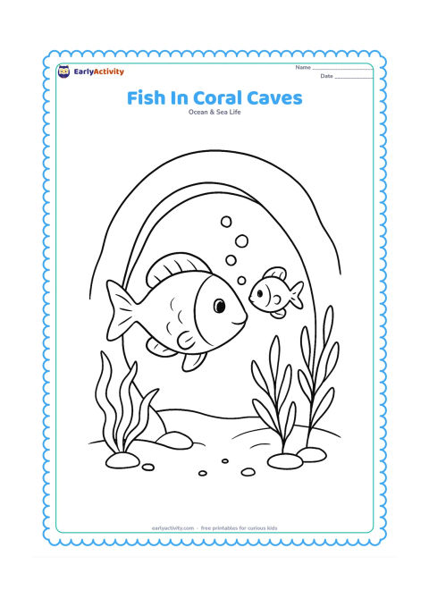 Colouring page: Draw one fish swimming out of a rounded coral cave, with a second smaller fish behind it, hanging sea plants, bubbles and a sandy floor. Frame the scene with the cave opening without…