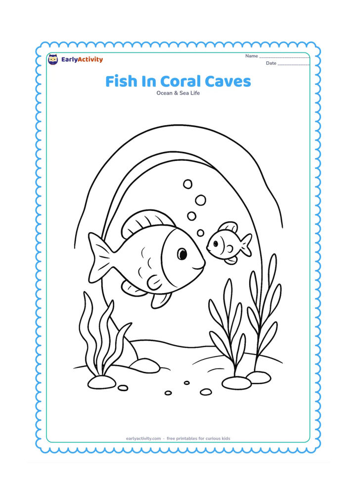Colouring page: Draw one fish swimming out of a rounded coral cave, with a second smaller fish behind it, hanging sea plants, bubbles and a sandy floor. Frame the scene with the cave opening without…