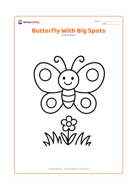 Worksheet: Show a cheerful butterfly with four large wing spots and two simple curved antennae. Place it above a short patch of grass with one small flower.