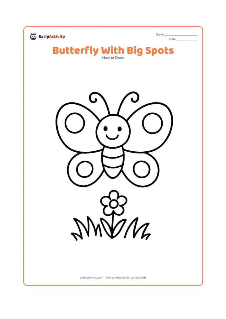 Worksheet: Show a cheerful butterfly with four large wing spots and two simple curved antennae. Place it above a short patch of grass with one small flower.