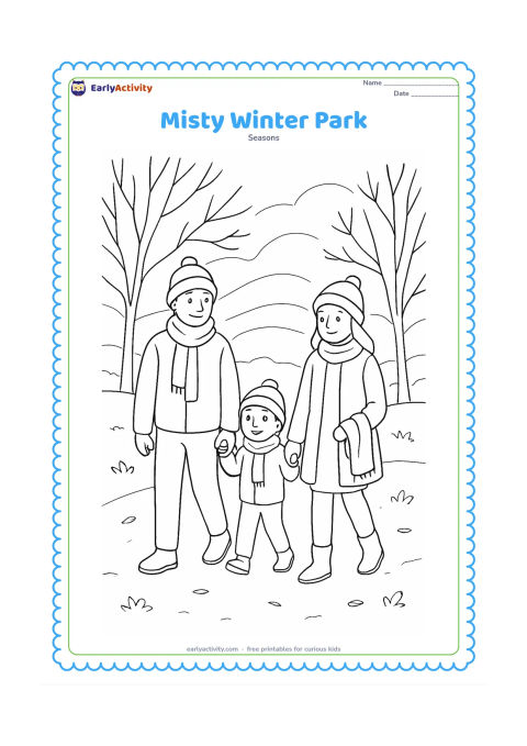 Colouring page: A family in warm clothes walks through a quiet park on a misty morning, with soft-looking cloud bands behind bare trees. One child holds a parent's hand while another carries a small scarf.