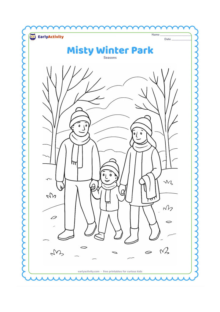Colouring page: A family in warm clothes walks through a quiet park on a misty morning, with soft-looking cloud bands behind bare trees. One child holds a parent's hand while another carries a small scarf.