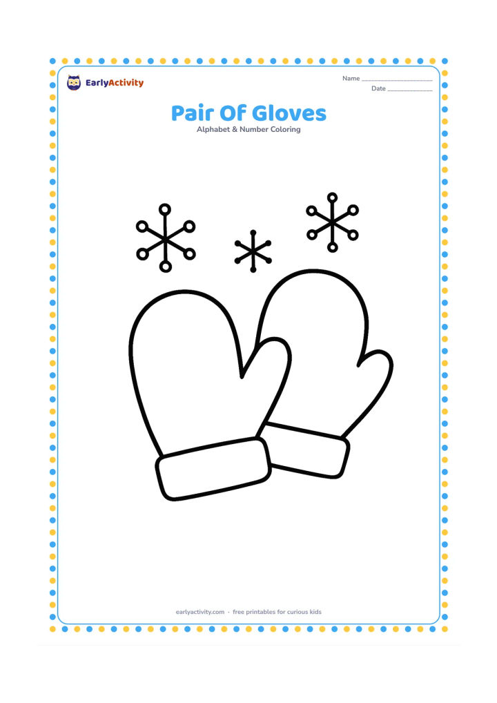 Colouring page: Two winter gloves lie side by side, one slightly overlapping the other, with simple cuffs and a few rounded snowflakes nearby. Do not add patterns or text to the gloves.