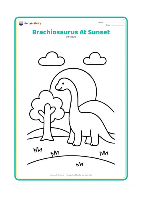 Colouring page: A brachiosaurus stretches its neck toward a low leafy tree beneath a large setting sun. Add a simple hill, a few clouds and a calm grassy foreground.
