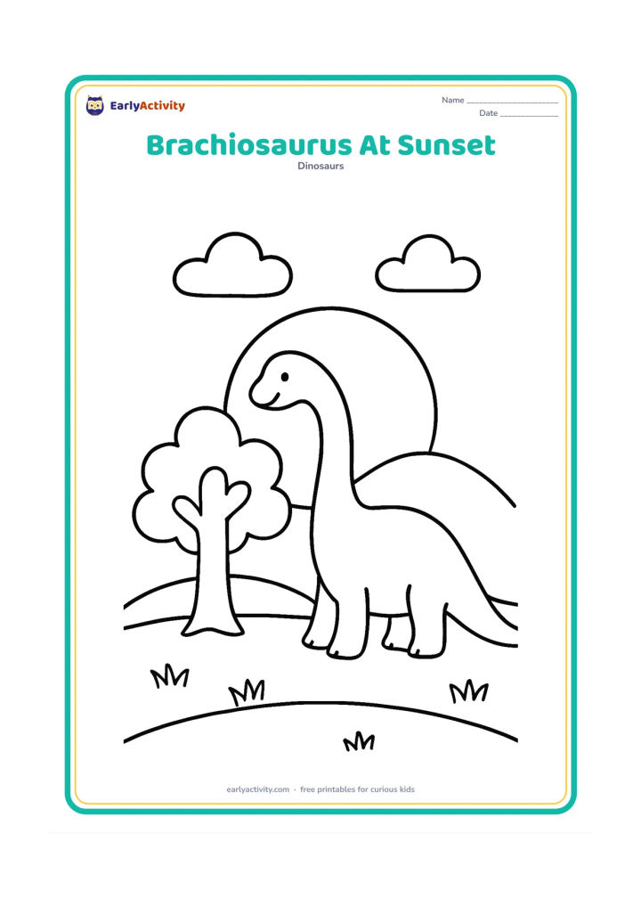 Colouring page: A brachiosaurus stretches its neck toward a low leafy tree beneath a large setting sun. Add a simple hill, a few clouds and a calm grassy foreground.