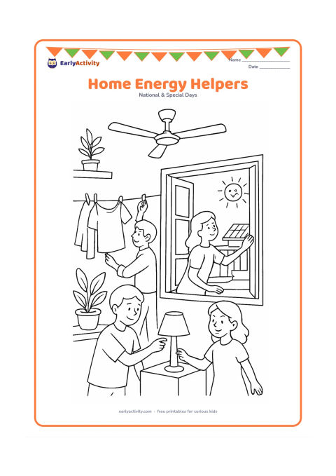 Colouring page: Draw a family in a bright Indian home making energy-saving choices: one child switches off an unneeded lamp, another opens a window for fresh air and an adult hangs clothes to dry near a…