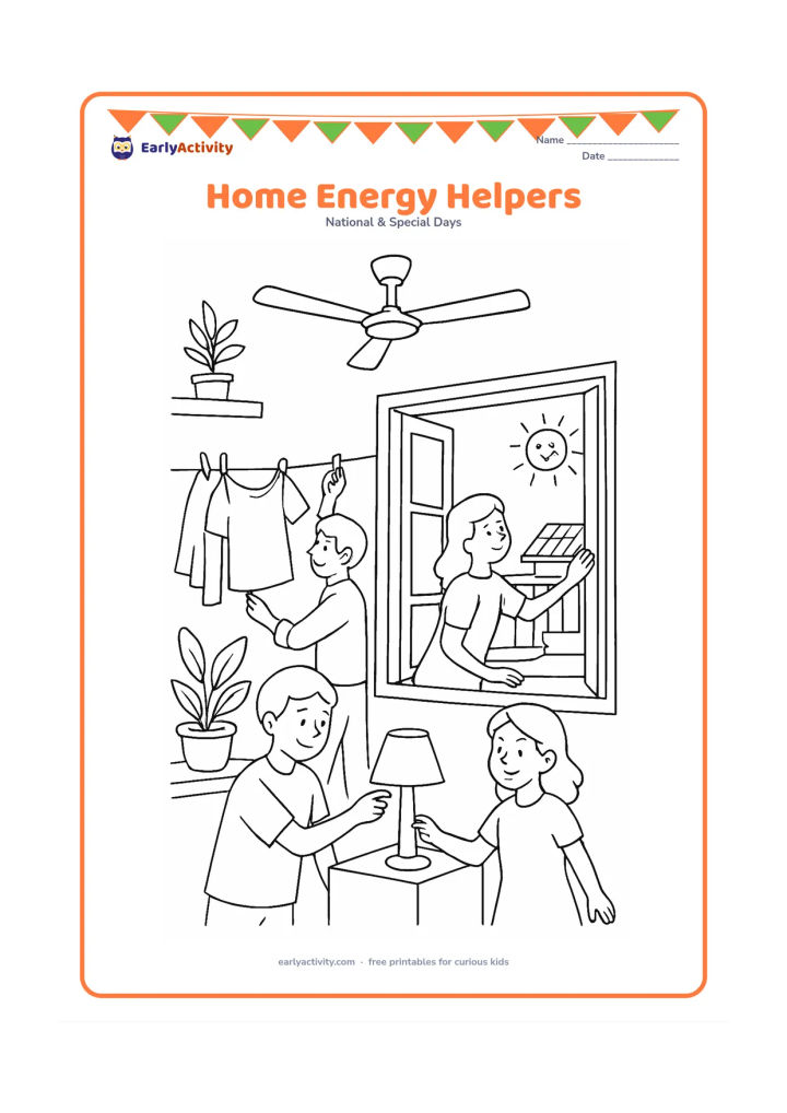 Colouring page: Draw a family in a bright Indian home making energy-saving choices: one child switches off an unneeded lamp, another opens a window for fresh air and an adult hangs clothes to dry near a…