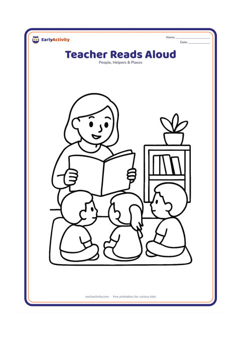 Colouring page: A seated teacher holds a large open picture book while three children sit on a rug and listen. Include a low bookshelf with a few plain books and one potted plant.