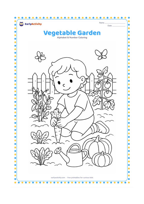 Colouring page: Draw a child kneeling in a garden and picking a carrot, with rows of peas, spinach, tomatoes, and pumpkins nearby. Add a watering can, a fence, and a few butterflies.