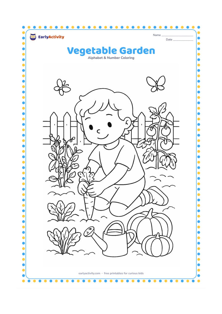 Colouring page: Draw a child kneeling in a garden and picking a carrot, with rows of peas, spinach, tomatoes, and pumpkins nearby. Add a watering can, a fence, and a few butterflies.