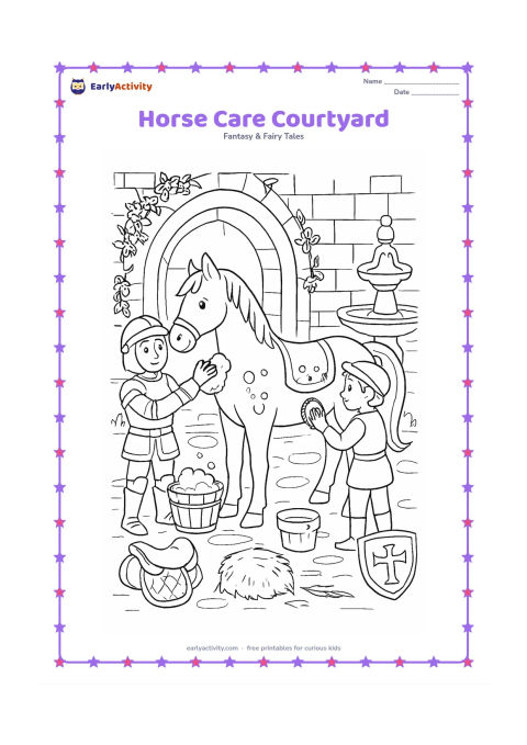 Colouring page: A knight and a stable helper wash and groom a horse in a castle courtyard, with saddles, brushes, buckets, hay, and a shield arranged around them. Add an arched stable entrance,…