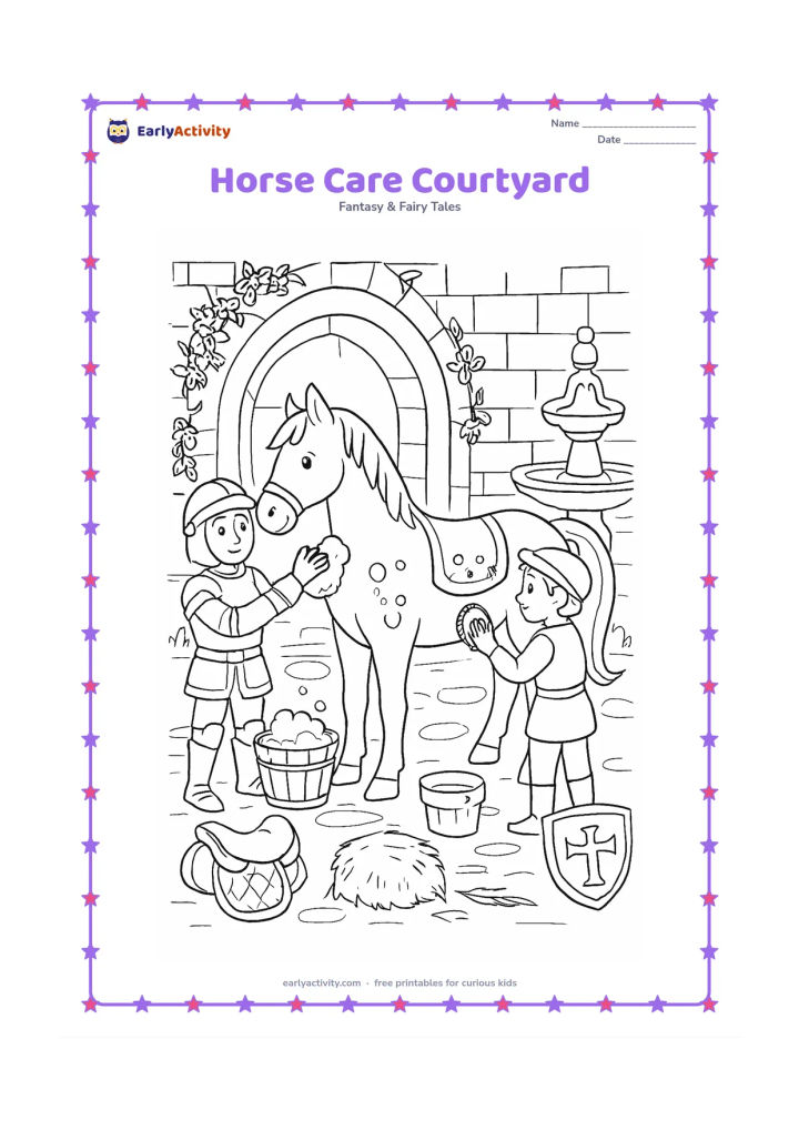 Colouring page: A knight and a stable helper wash and groom a horse in a castle courtyard, with saddles, brushes, buckets, hay, and a shield arranged around them. Add an arched stable entrance,…