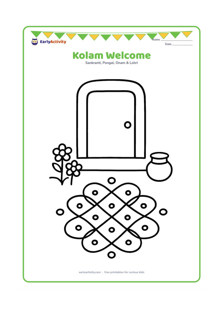Colouring page: A large, simple symmetrical kolam made from loops and dots appears on the ground outside a plain home doorway, with a small pot and two flowers nearby. Show the doorway without any sign…