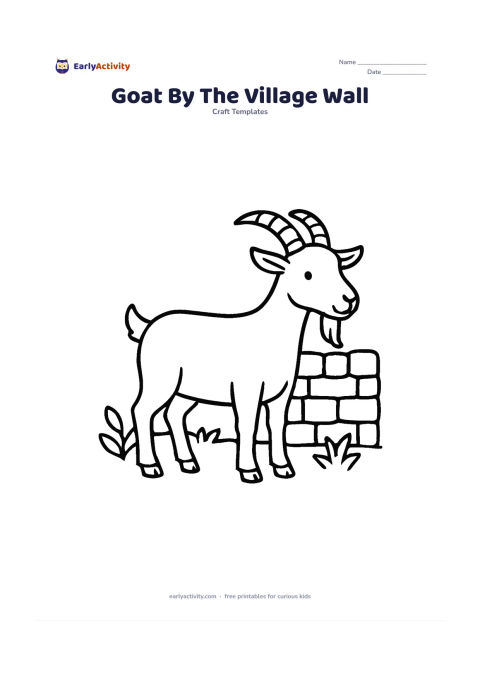 Worksheet: Draw a standing goat facing right beside a low rural wall, with curved horns, a beard, four legs and a small leafy plant near its feet. Keep the wall and plant behind the goat so its…