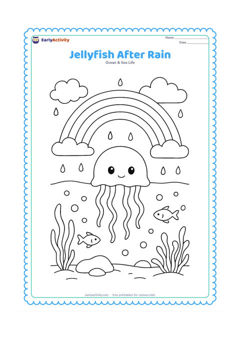 Colouring page: Draw a jellyfish offshore beneath a cloudy sky after rain, with a rainbow arching over the horizon. Underwater, include sea plants, bubbles, a rock and two small fish.