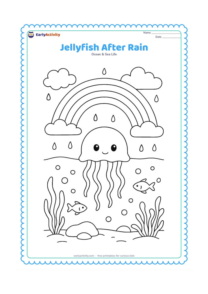 Colouring page: Draw a jellyfish offshore beneath a cloudy sky after rain, with a rainbow arching over the horizon. Underwater, include sea plants, bubbles, a rock and two small fish.