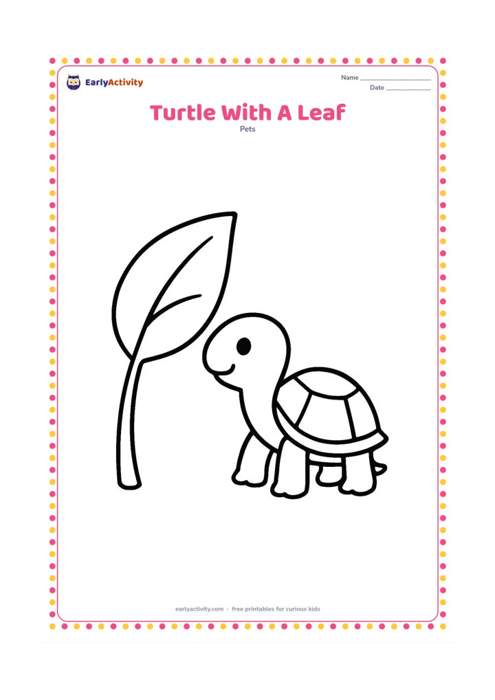 Colouring page: A pet turtle stands beside one oversized leaf, reaching toward it with its head. Show a clear shell outline, four sturdy legs and a short tail.