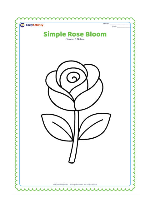 Colouring page: Draw one large rose bloom with a simple spiral centre, a short stem and two broad leaves. Place it upright in the centre of the page with plenty of blank space.