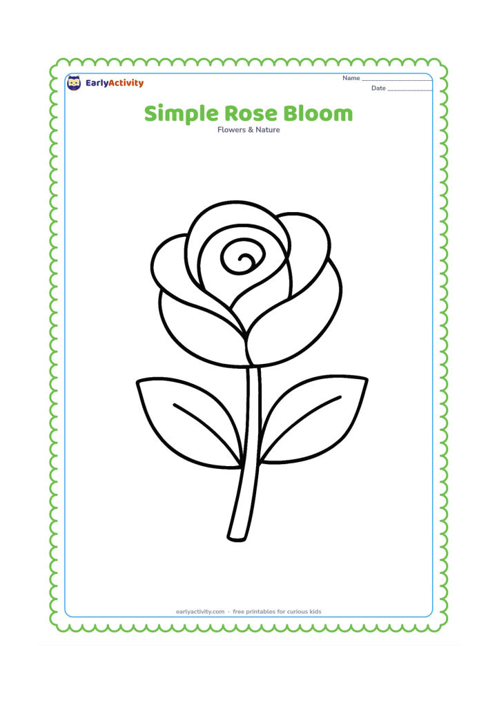 Colouring page: Draw one large rose bloom with a simple spiral centre, a short stem and two broad leaves. Place it upright in the centre of the page with plenty of blank space.