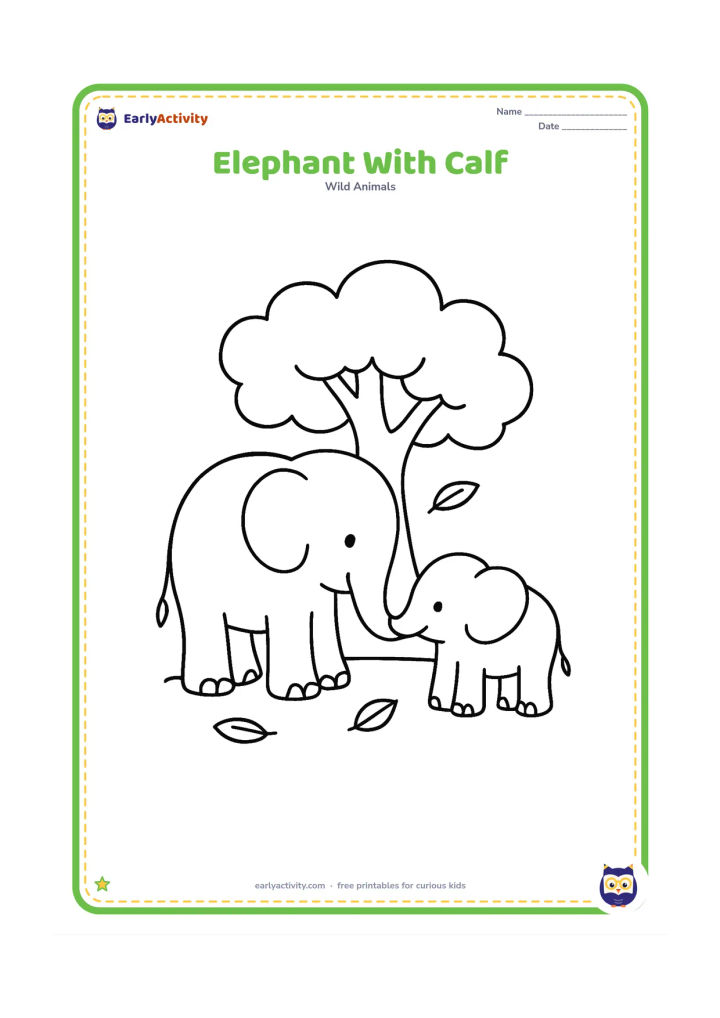 Colouring page: Draw a large elephant standing beside a smaller calf, with their trunks gently touching. Place them under one broad tree with a few fallen leaves.