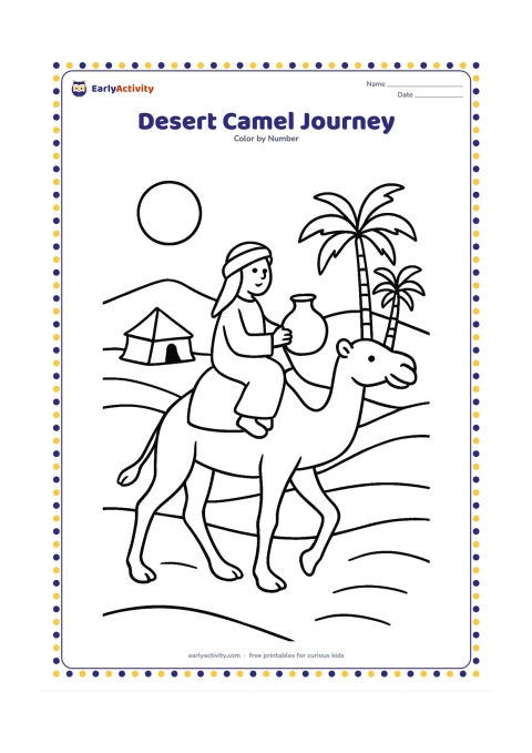 Colouring page: Draw a camel walking across rolling sand dunes with a rider carrying a water pot. Add a small desert tent, two palms, and a low sun in the distance.