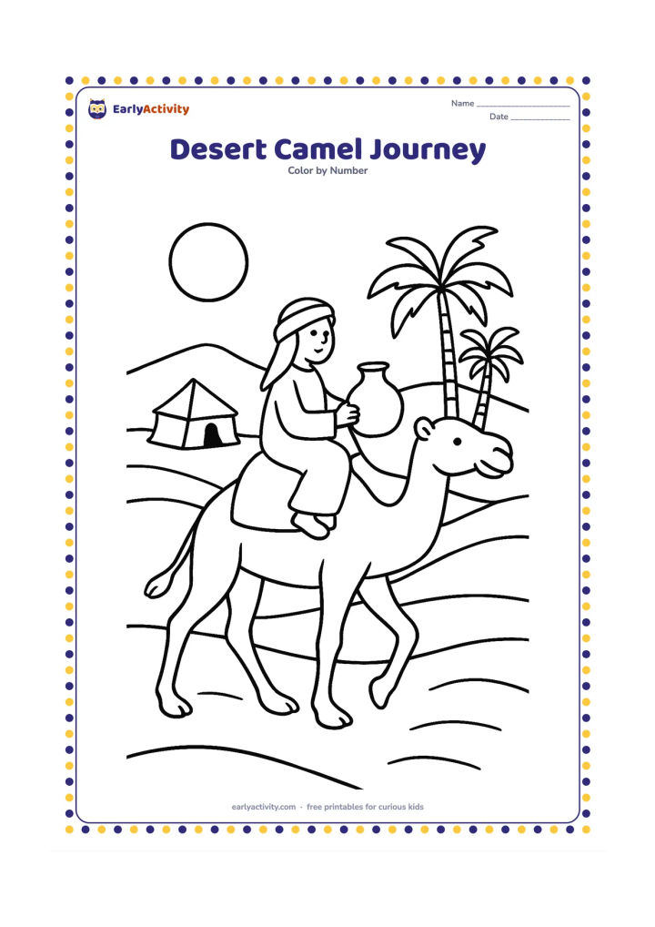 Colouring page: Draw a camel walking across rolling sand dunes with a rider carrying a water pot. Add a small desert tent, two palms, and a low sun in the distance.