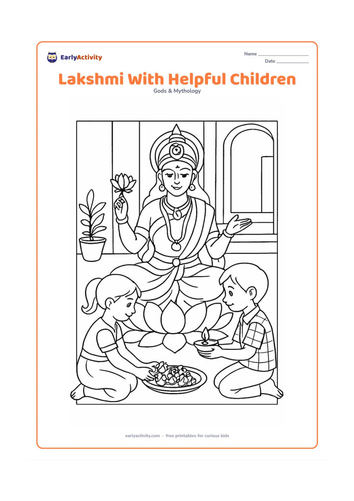 Colouring page: Draw Goddess Lakshmi seated on a lotus while two children place flowers and a diya on a small offering tray nearby. Set the scene in a neat home courtyard with a plant and doorway.