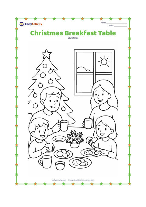 Colouring page: A family shares a Christmas breakfast around a table with fruit, bread, cookies, cups, and a small centrepiece of evergreen branches. A decorated tree and a window with morning light…