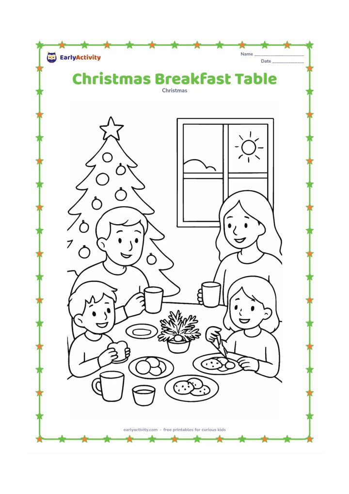 Colouring page: A family shares a Christmas breakfast around a table with fruit, bread, cookies, cups, and a small centrepiece of evergreen branches. A decorated tree and a window with morning light…