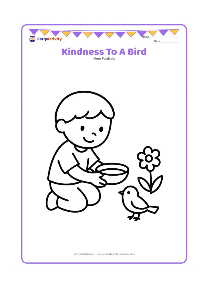 Colouring page: Draw a smiling child gently offering water in a small bowl to a bird on the ground, with a flower and two broad leaves nearby.
