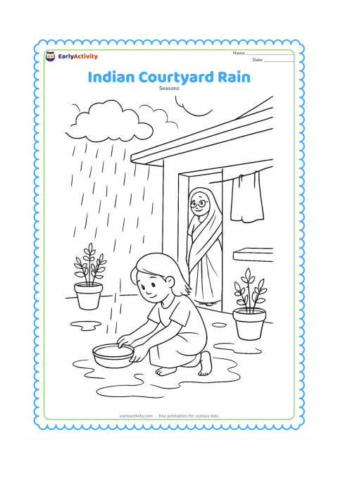 Colouring page: A child in an Indian home courtyard places a metal bowl beneath a roof drip while a grandparent watches from a doorway. Include potted tulsi-like plants, a clothesline with plain…