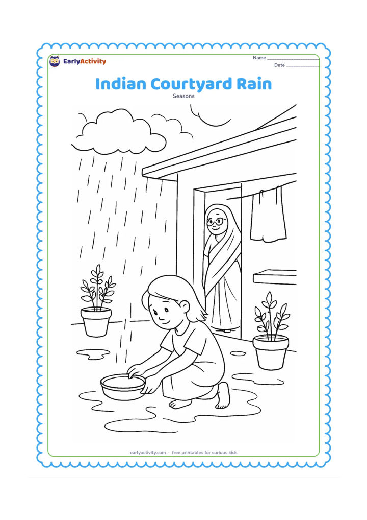 Colouring page: A child in an Indian home courtyard places a metal bowl beneath a roof drip while a grandparent watches from a doorway. Include potted tulsi-like plants, a clothesline with plain…