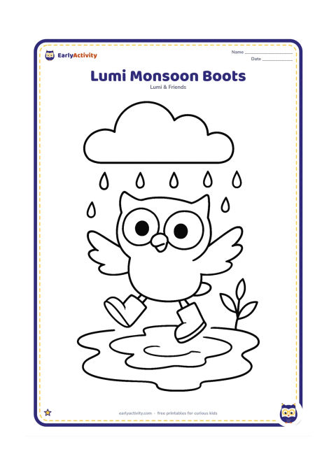 Colouring page: Lumi happily jumps in a wide puddle while wearing rain boots, with a large cloud, falling raindrops and a small green plant behind. The pose should show both feet above or touching the…