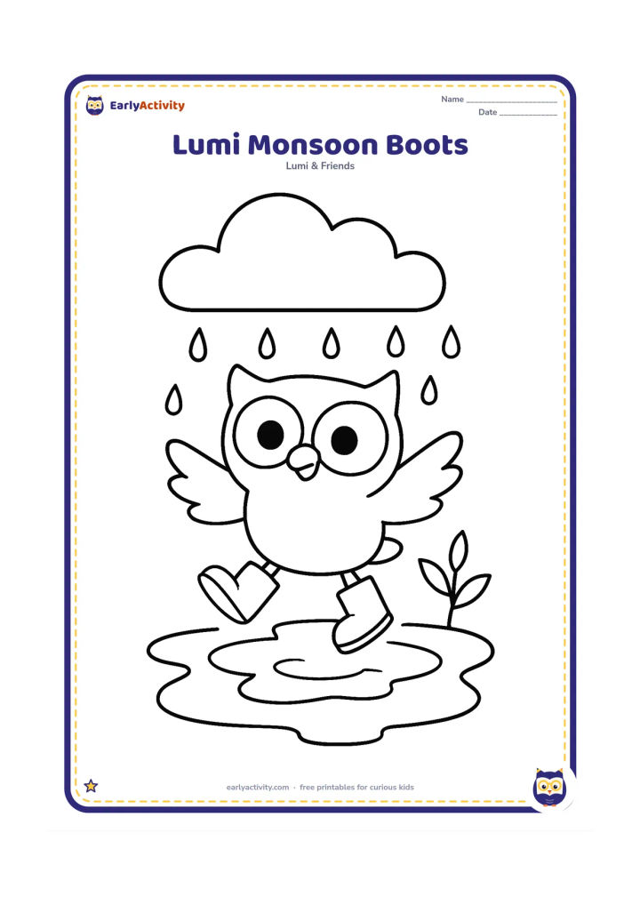 Colouring page: Lumi happily jumps in a wide puddle while wearing rain boots, with a large cloud, falling raindrops and a small green plant behind. The pose should show both feet above or touching the…