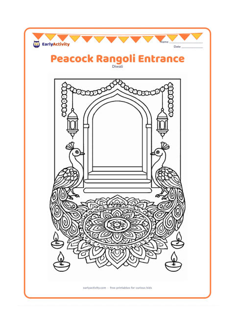 Colouring page: Two ornate peacocks frame a wide entrance rangoli made from concentric flowers, leaves, paisleys and small geometric sections. Add a doorway, hanging lanterns, marigold garlands, steps…