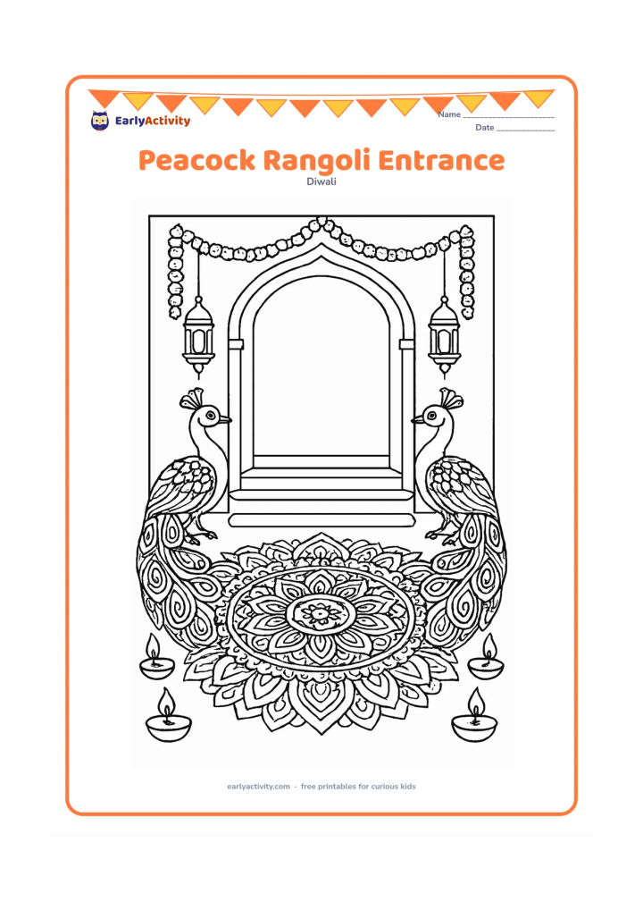Colouring page: Two ornate peacocks frame a wide entrance rangoli made from concentric flowers, leaves, paisleys and small geometric sections. Add a doorway, hanging lanterns, marigold garlands, steps…