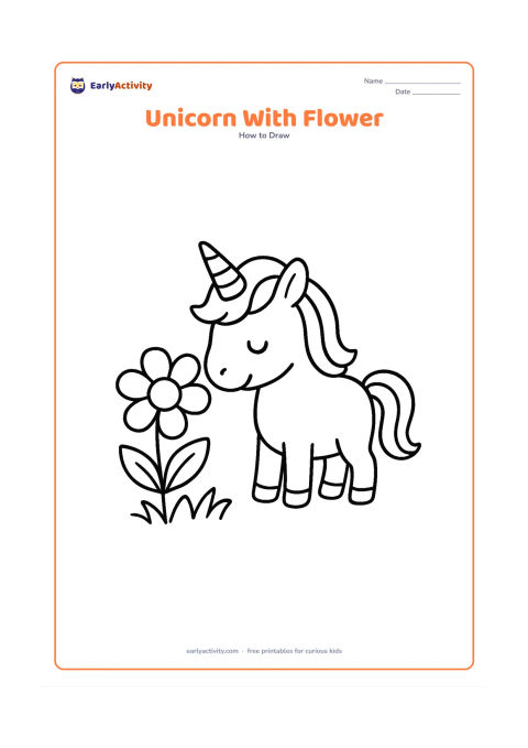 Worksheet: A cheerful unicorn standing beside one large simple flower, lowering its head toward the flower. Show a rounded body, short legs, clear horn, broad mane and a few large leaves in a small…