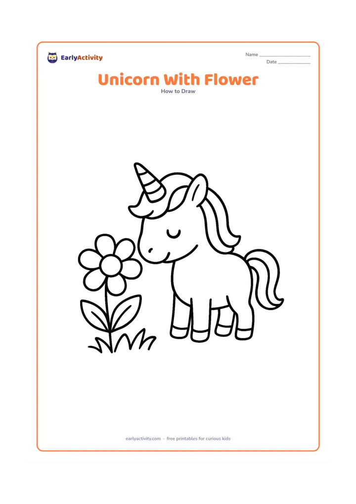 Worksheet: A cheerful unicorn standing beside one large simple flower, lowering its head toward the flower. Show a rounded body, short legs, clear horn, broad mane and a few large leaves in a small…