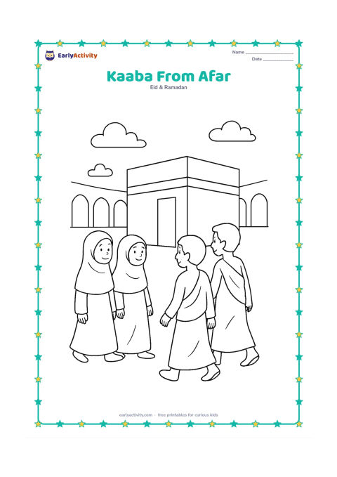 Colouring page: A small group of pilgrims in modest clothing walks toward the Kaaba from a spacious courtyard, with simple surrounding arches and a bright open sky. Show the Kaaba clearly in the middle…