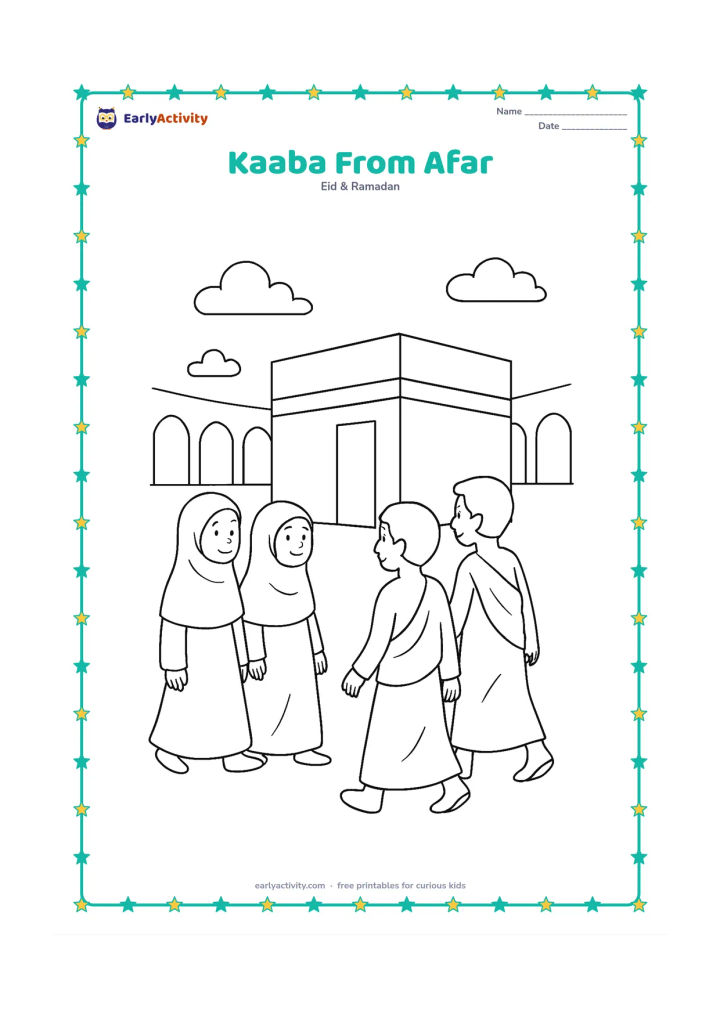 Colouring page: A small group of pilgrims in modest clothing walks toward the Kaaba from a spacious courtyard, with simple surrounding arches and a bright open sky. Show the Kaaba clearly in the middle…